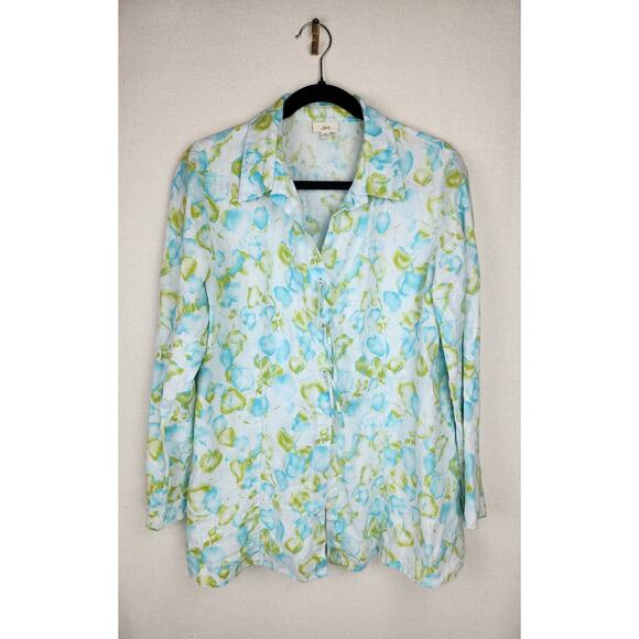 J Jill Top Womens M 100% Linen Blue & Kelly Green tassel watercolor leaf button - Picture 1 of 15